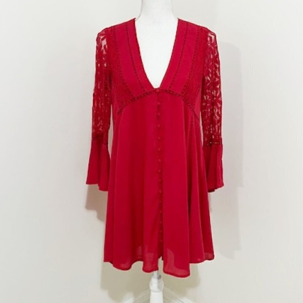 Chelsea & Violet Red Boho A-Line Mini Dress Lace Sleeves Size S